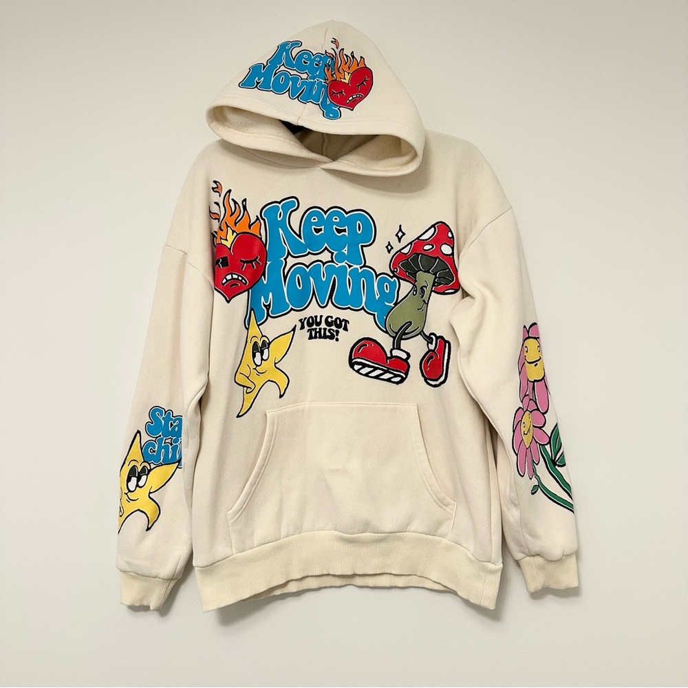 PacSun Keep Moving Cream Fleece Hoodie Unisex Men's Small Shroom Flower Power